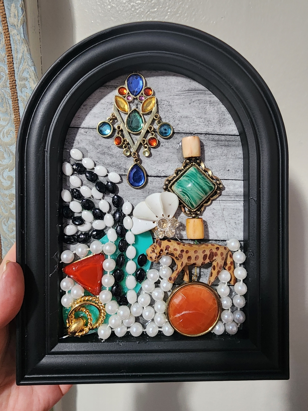 Black Beaded Wall Jewelry Art Multicolor Gem Accents Cat Tiger Animal Handmade